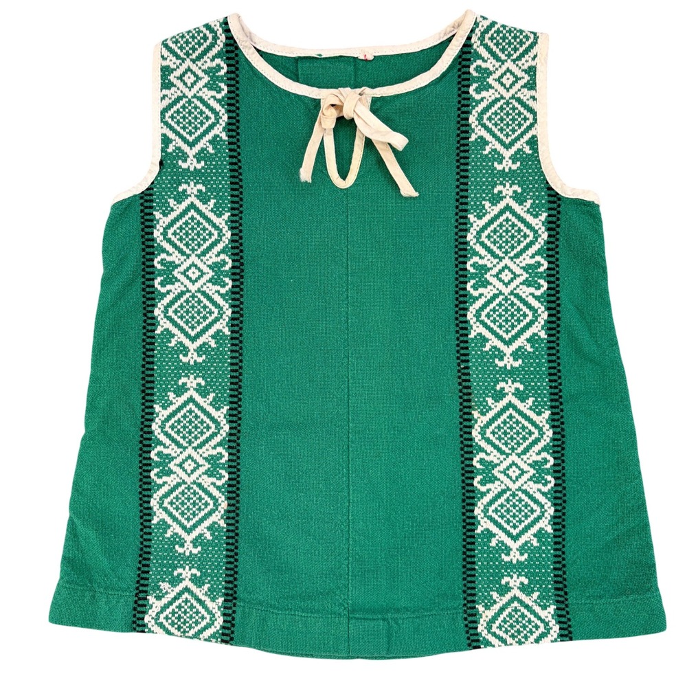 Vintage Kids Green Embroidered Boho Sleeveless Top Tie Neck Geometric Folk Style